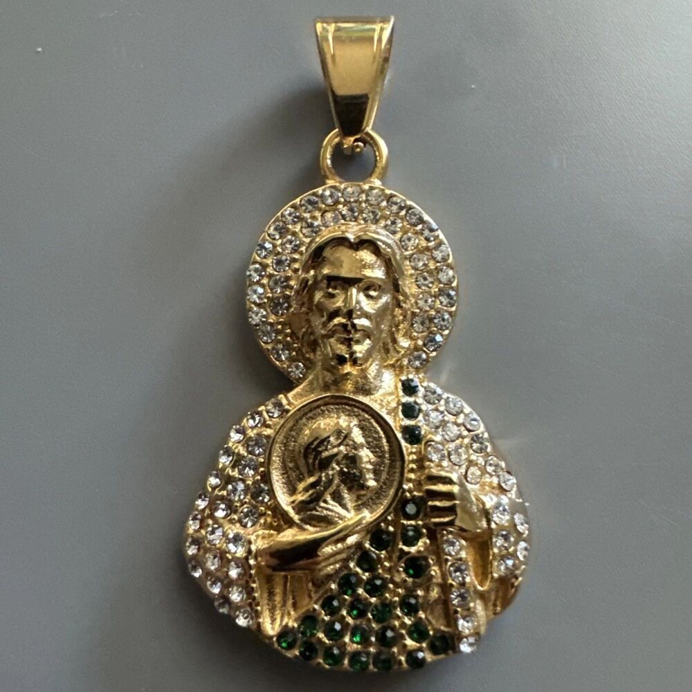 Saint Jude Thaddeus Pendant Gold Stainless Steel 24” Chain Jesus Cubic Zirconia